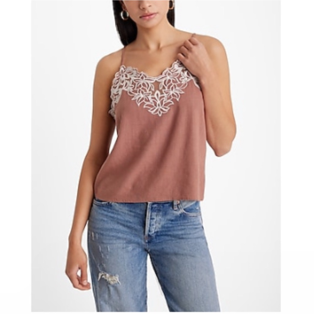 Express Brown and White Embellished Crop Camisole
